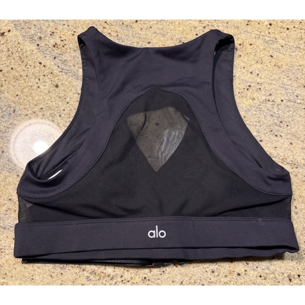 Alo Yoga Catch the Vibe Bra is a black mesh-detail sports bra Medium